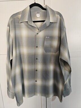 CalTop Vintage USA Mens L Gray Plaid Camp Shirt Rockabilly Lowrider Long Sleeve